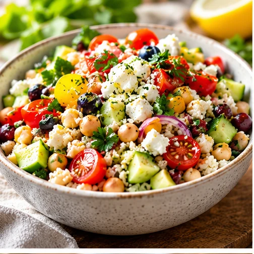 Chickpeas, grains, tomatoes and feta salad
